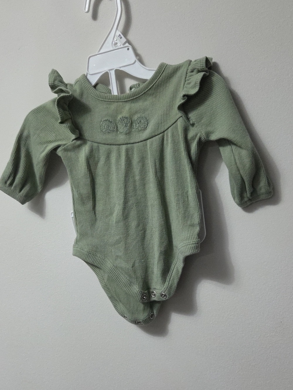 Soft Ribbed Sage Green Baby One-Piece with Ruffle Shoulders